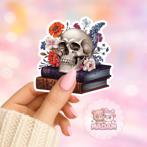 Naklejka foliowa czaszka na książkach z kwiatami MaDam Creative