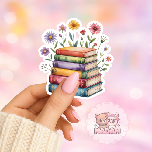 Naklejka foliowa stos książek z kwiatami pastelowy MaDam Creative