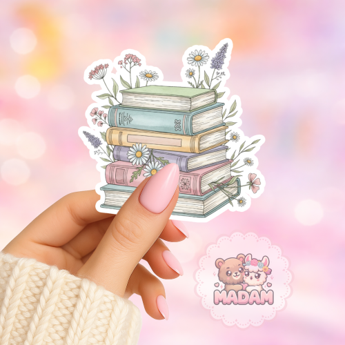 Naklejka foliowa stos książek z kwiatami MaDam Creative