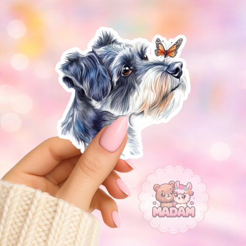 Naklejka foliowa piesek sznaucer miniaturowy z motylkiem MaDam Creative