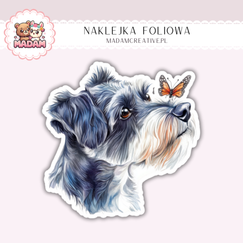 Naklejka foliowa piesek sznaucer miniaturowy z motylkiem MaDam Creative