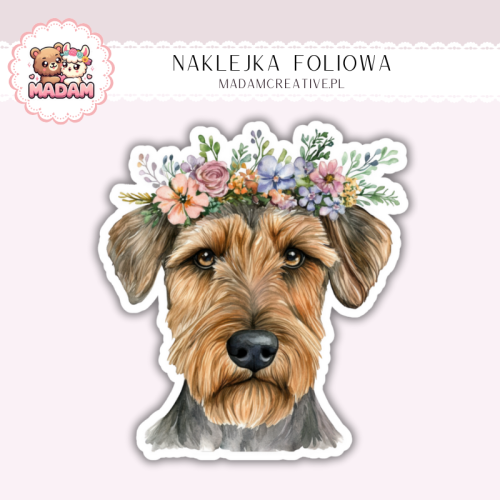Naklejka foliowa piesek airedale terrier z wiankiem MaDam Creative