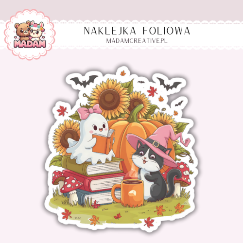 Naklejka foliowa koty halloween z książkami MaDam Creative