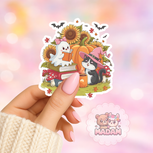 Naklejka foliowa koty halloween z książkami MaDam Creative
