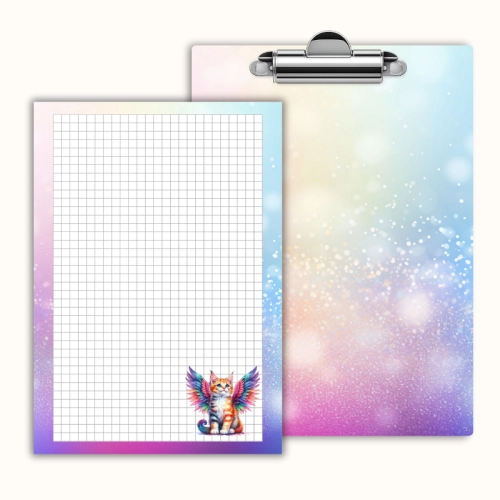 Deska z klipem magnetyczna A6 z notesem Kot Aniołek Tęczowe Skrzydła MaDam Creative