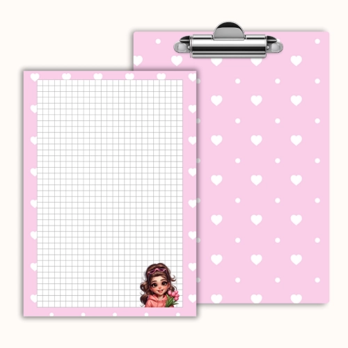 Deska z klipem magnetyczna A6 z notesem Dziewczyna z Tulipanami Różowe Serduszka MaDam Creative