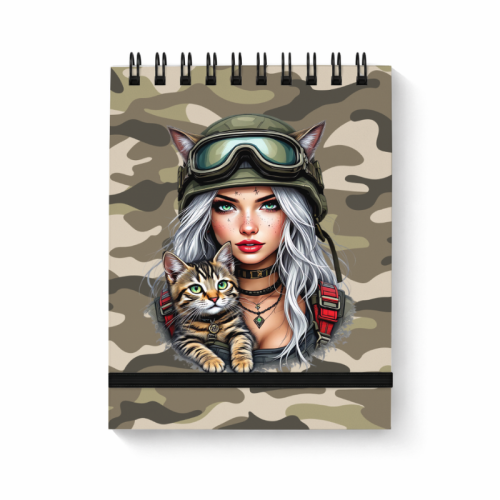 Notes na spirali z gumką A6 80 kartek gładki Dziewczyna z Kotem Militarne Boho MaDam Creative