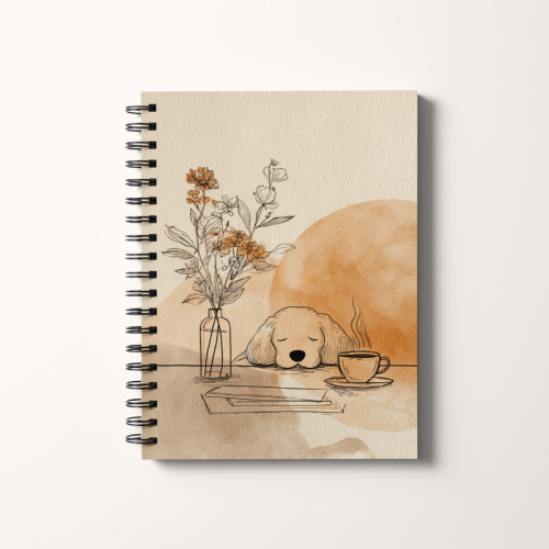 Notes A5 gładki 80 kartek Śpiący pies przy książkach MaDam Creative.png