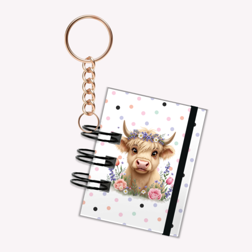 Breloczek mini notesik na gumkę włochata krowa 5x6 cm 50k gładki, MaDam Creative