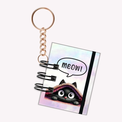 Breloczek mini notesik na gumkę Kot Meow Dół 5x6 cm 50k gładki, MaDam Creative