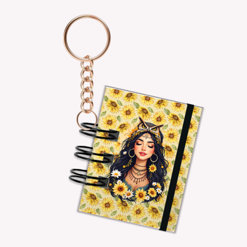 Breloczek mini notesik na gumkę Boho Słoneczniki 5x6 cm 50k gładki, MaDam Creative