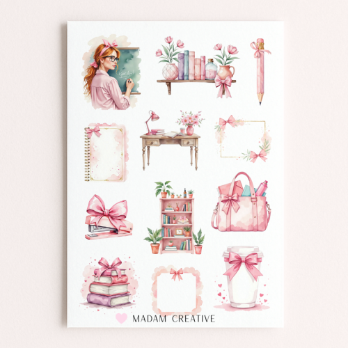 Naklejki Foliowe 13x19 Urocza Nauczycielka – Różowa szkoła i pastelowe dodatki MaDam Creative