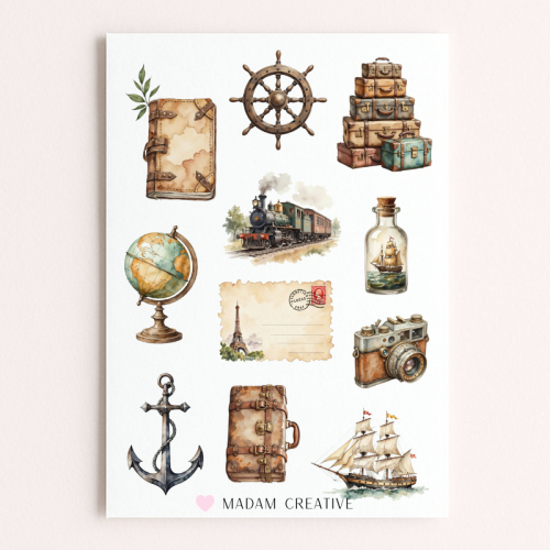 Naklejki Foliowe 13x19 Podróżnik Vintage – Mapy, walizki i światowe przygody MaDam Creative