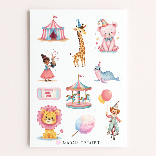 Naklejki Foliowe 13x19 Pastelowy Cyrk – Dziecięca zabawa i magia MaDam Creative