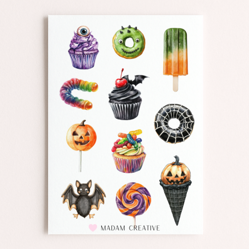 Naklejki Foliowe 13x19 Halloweenowe Słodycze – Dynie i Kolorowe Cukierki MaDam Creative