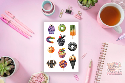 Naklejki Foliowe 13x19 Halloweenowe Słodycze – Dynie i Kolorowe Cukierki MaDam Creative