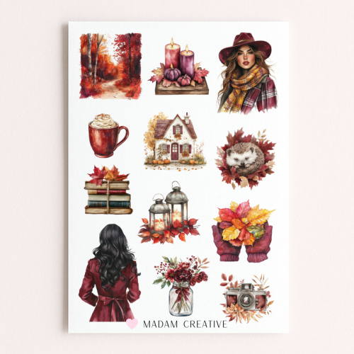 Naklejki Foliowe 13x19 Bordowa Jesień – Liście i Dynie w Ciepłych Barwach MaDam Creative