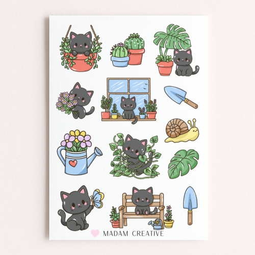 Naklejki Foliowe 13x19 Kawaii Czarny Kot i Rośliny – Jesienny Klimat MaDam Creative