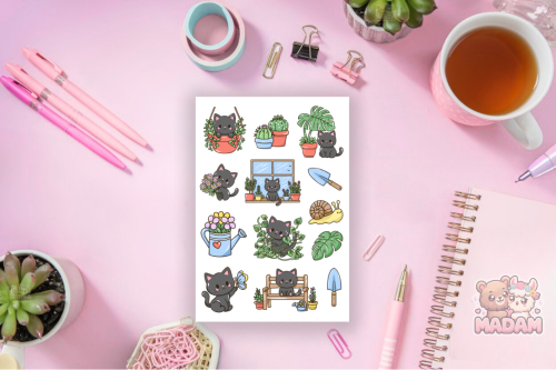Naklejki Foliowe 13x19 Kawaii Czarny Kot i Rośliny – Jesienny Klimat MaDam Creative