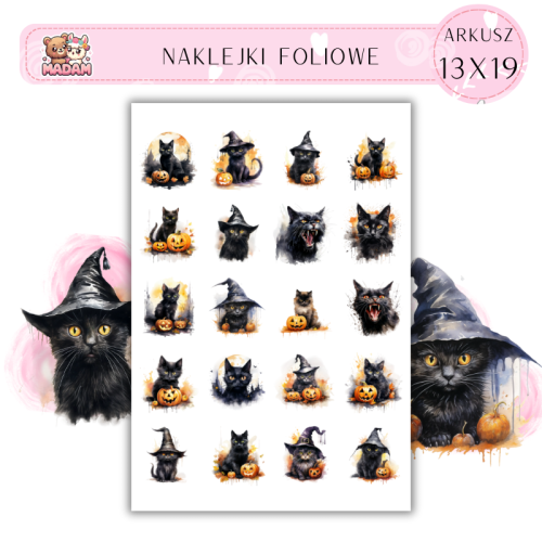 Naklejki Foliowe 13x19 czarne koty Halloween Madam Creative